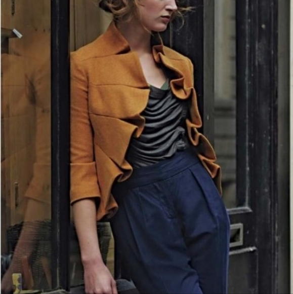Anthropologie Tabitha Gold Terrace House Jacket Wool Blend Sz 2 Ruffle Preppy - Picture 1 of 14